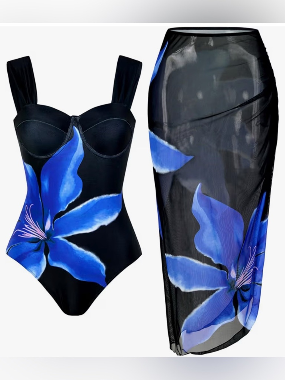 Black One-Piece Swimsuit & Sheer Sarong Set with Blue Floral Print